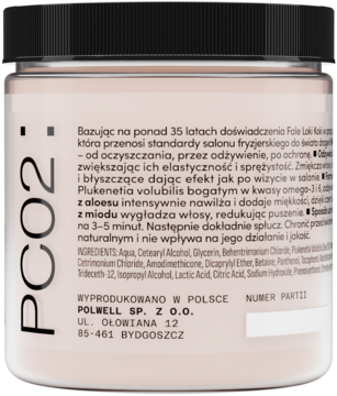 Tył jasnego opakowania maski do włosów PCO2 z miodem, z czarną nakrętką, widoczne informacje o składzie.
