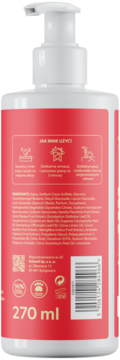 Tylna etykieta białej butelki z pompką, czerwone tło, widoczny skład INGREDIENTS i pojemność 270 ml.