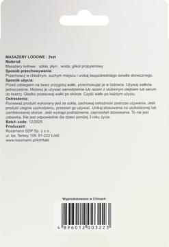 Tył białego opakowania masażerów lodowych Rossmann 2 szt. z opisem użycia, ostrzeżeń i kodem kreskowym.