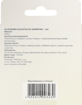 Tył opakowania silikonowej szczotki do szamponu Rossmann, z tekstem instrukcji i kodem kreskowym.