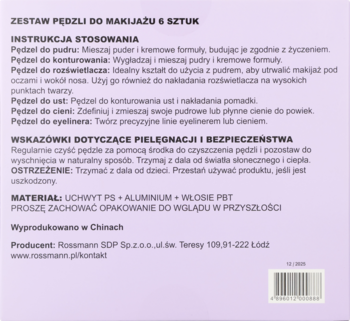 Tył opakowania zestawu pędzli do makijażu Rossmann (6 szt.), fioletowe tło, instrukcja użycia i skład.