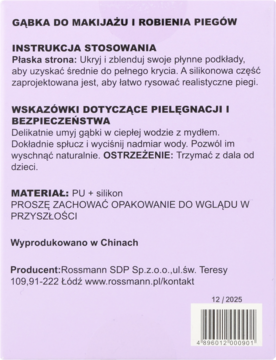 Tył fioletowego opakowania gąbki do makijażu i piegów Rossmann, z instrukcją, składem i kodem kreskowym.