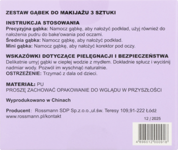 Tył fioletowego opakowania zestawu 3 gąbek do makijażu Rossmann z instrukcjami użycia i pielęgnacji.