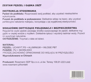 Tył fioletowego opakowania zestawu 2 pędzli i gąbki Rossmann z polskimi instrukcjami i składem.