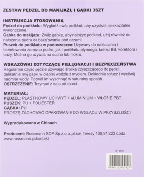 Tył fioletowego opakowania zestawu pędzli do makijażu i gąbek Rossmann, z instrukcją i składem.