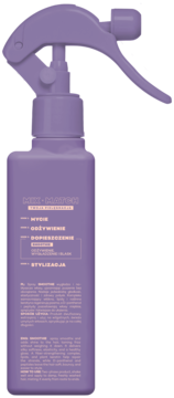 Fioletowy SMOOTHIE SPRAY do włosów z atomizerem. Mgiełka wygładzająca z peptydami, widok z przodu.