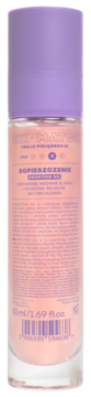 Tył butelki MIX&MATCH Smoothie Oil do włosów, 50ml, z różowym płynem i fioletową nakrętką, widoczny opis produktu.