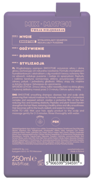 Fioletowa butelka szamponu Mix & Match Smoothie, tył, z opisem wygładzającym i redukującym puszenie.