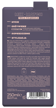 Tył ciemnofioletowej butelki odżywki MIX•MATCH SMOOTHIE wygładzającej, 250ml, z opisem i składem.