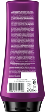 Tył fioletowej butelki odżywki Gliss Full Hair Wonder 200ml, z kofeiną, do włosów delikatnych i osłabionych.