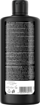 Tył czarnej butelki szamponu Glaze Shine 440ml. Etykieta z opisem: oczyszczenie, blask, wygładzenie włosów.