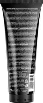 Odżywka Intense Glaze do włosów: tył czarnej tubki 250ml z listą składników, kodem kreskowym i białym tekstem.