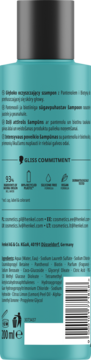 Tył turkusowej butelki szamponu Gliss z Pantenolem i Biotyną, etykieta z listą składników.