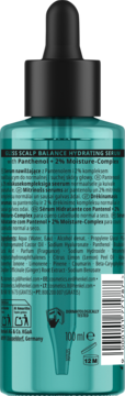 Tył turkusowego serum Gliss Scalp Balance z Pantenolem, z czarnym dropperem, etykietą składu, 100 ml.
