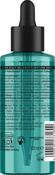 Tył turkusowego serum BIOSS z Panthenolem i 2% Oil Control-Complex na tłustą skórę głowy, widoczne składniki.