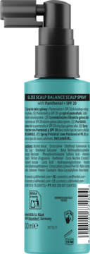 Tył turkusowego sprayu do skóry głowy GLOSS SCALP BALANCE z Panthenolem + SPF 20, szczegóły składu i ochrona UV.