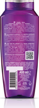 Tył fioletowej butelki szamponu L'Oréal zwiększającego objętość 400 ml, z polskim opisem i kodem kreskowym.