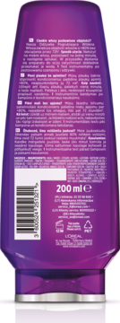 Tył fioletowej butelki odżywki L'Oréal pogrubiającej włosy, widoczny kod kreskowy, 200 ml E.