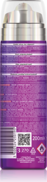 Tył fioletowego sprayu zwiększającego objętość włosów 200ml, widoczny kod kreskowy, QR i tekst po polsku.