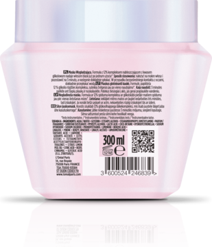 Tył różowej maski wygładzającej 300ml z kwasem glikolowym. Widoczne etykiety ze składnikami i kod QR.