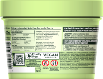 Tył zielonego opakowania maski do włosów Garnier z formułą nawilżającą i odświeżającą. Widoczne szczegóły i skład.