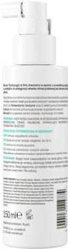 Tył białej butelki z pompką Biovax Trychologic Tonik-Kuracja przeciw wypadaniu włosów, ze składem.
