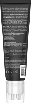Szampon Biovax Trychologic Derm+ dla mężczyzn przeciw wypadaniu włosów, ciemna tubka, widok z tyłu z białym tekstem i masażerem.