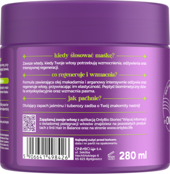 Tył fioletowej maski do włosów Onlybio, z polskimi napisami, kodem kreskowym i objętością 280 ml.