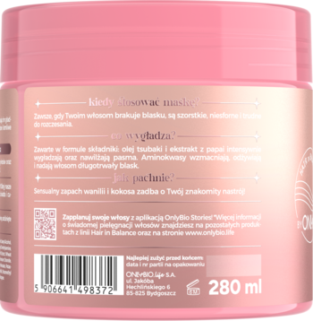 Maska do włosów OnlyBio, różowy słoik 280ml, widok z tyłu z polskim opisem wygładzającym i kodem kreskowym.