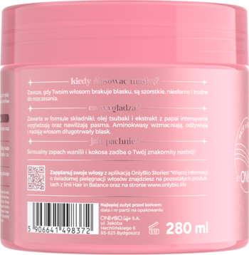 Tył różowej maski Onlybio Hair in Balance Gloss 280ml, z polskim opisem działania i zapachem wanilii i kokosa.