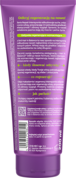 Tył fioletowej tubki regenerującej odżywki Hair in Balance Repair 200ml, z kodem QR i instrukcjami.
