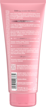 Tył różowej tuby odżywki wygładzającej Hair in Balance 200 ml, z opisem dla włosów matowych i suchych.
