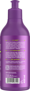 Tył fioletowej butelki szamponu z pompką, z polskim opisem działania, składników i zapachem jaśminu.