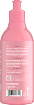 Tył różowej butelki szamponu wygładzającego OnlyBio Hair in Balance Gloss 400ml, z opisem i zapachem wanilii i kokosa.