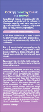 Fioletowa etykieta olejku Hair in Balance. Opis działania dla włosów blond i szczegółowy skład INCI.