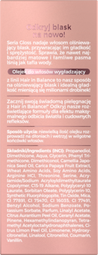 Tył opakowania olejku do włosów wygładzającego, różowo-brzoskwiniowe tło z białym tekstem i listą składników.