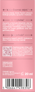 Tył różowego opakowania olejku OnlyBio Hair in Balance wygładzającego włosy, 20ml, o zapachu wanilii i kokosa.