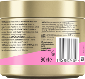 Tył złotej maski do włosów Pantene Pro-V Love 300 ml, ze składnikami i kodem kreskowym, regenerująca keratynowa.