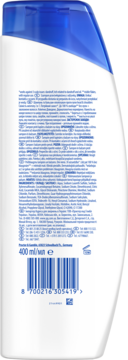 Tył białej butelki szamponu przeciwłupieżowego Head & Shoulders Menthol Fresh 2w1 z tekstem i kodem.