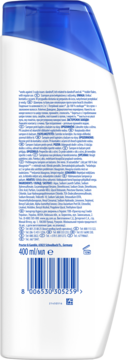 Tył białej butelki szamponu Head & Shoulders Smooth & Silky 2w1, 400ml, z niebieską zakrętką, kodem kreskowym.