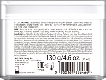 Tył białego opakowania płatków do demakijażu Bielenda, widoczna lista składników, instrukcja i waga 130g.