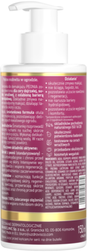 Tył białej butelki UZDROVISCO PEONIA śmietanki łagodzącej do demakijażu, z ciemnoróżową etykietą i pompką.