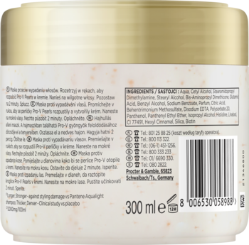 Tył beżowej maski Pantene Przeciw Wypadaniu Włosów Grow Abundant 300ml ze składem i instrukcjami.