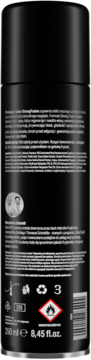Tył czarnej puszki męskiego sprayu do włosów StrongHold 250ml, z polską etykietą, piktogramami i symbolem płomienia.