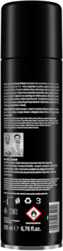 Czarny dezodorant w aerozolu 200 ml, widok z tyłu, z białym tekstem, portretami mężczyzn i ikoną łatwopalności.