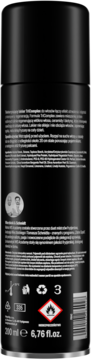 Czarny aerozol, tył opakowania z etykietą, tekstem, symbolami ostrzegawczymi, w tym łatwopalności, i pojemnością 200 ml.