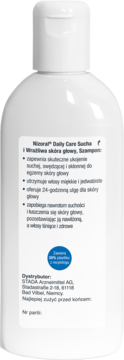 Tył białej butelki szamponu Nizoral Daily Care, do suchej i wrażliwej skóry głowy, z polskim tekstem i niebieską etykietą.