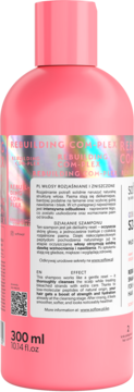 Tył różowego szamponu REBUILDING COM-PLEX 300 ml do włosów rozjaśnianych, z etykietą i QR kodem.