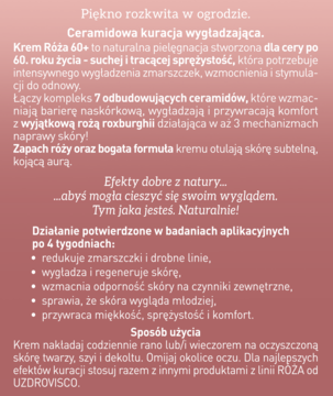 Ulotka informacyjna kremu UZDROVISCO RÓŻA 60+ do cery suchej po 60, z ceramidami. Tło różowe, czytelny tekst.