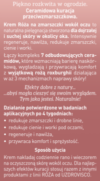Różowa reklama Kremu Róża UZDROVISCO na zmarszczki wokół oczu. Tekst o ceramidowej kuracji dla dojrzałej skóry.